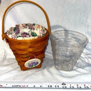 Longaberger basket with charm, fabric and plastic liner and Handle